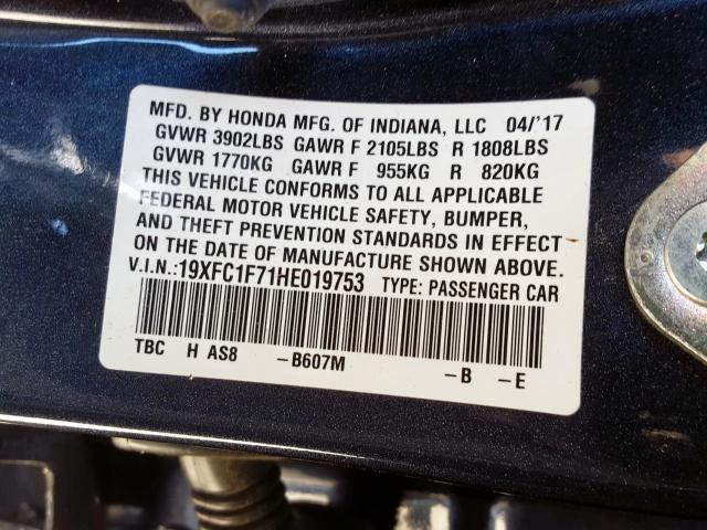 19XFC1F71HE019753 - 2017 HONDA CIVIC EXL  foto 10