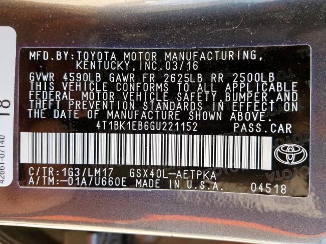 4T1BK1EB6GU221152 - 2016 TOYOTA AVALON XLE  photo 10