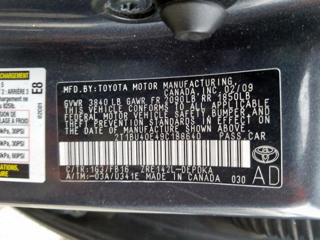 2T1BU40E49C188640 - 2009 TOYOTA COROLLA BASE  صورة 10