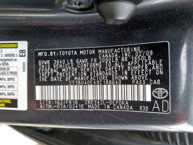 2T1BU40E49C188640 - 2009 TOYOTA COROLLA BASE  photo 10