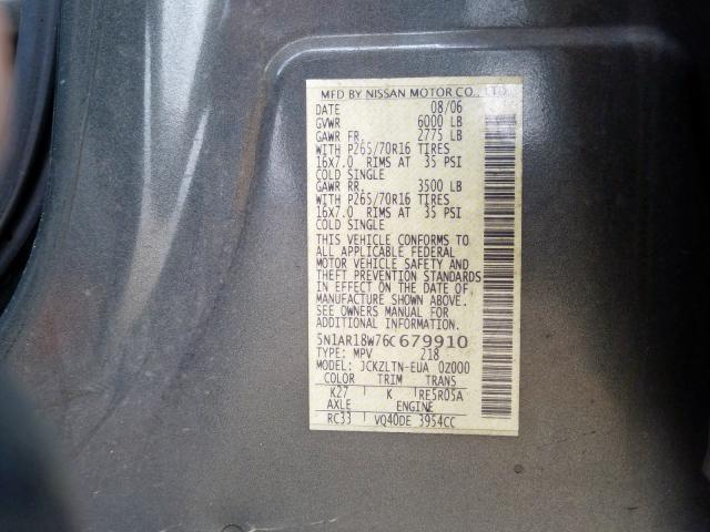 5N1AR18W76C679910 - 2006 NISSAN PATHFINDER LE  ფოტო 10