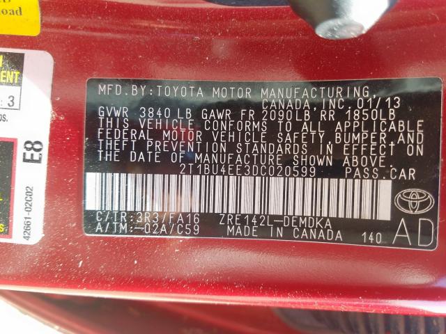 2T1BU4EE3DC020599 - 2013 TOYOTA COROLLA BASE  照片 10