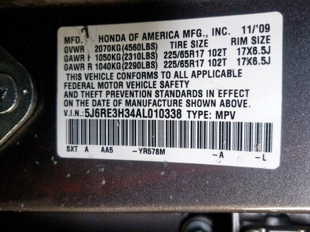 5J6RE3H34AL010338 - 2010 HONDA CR-V LX  photo 10