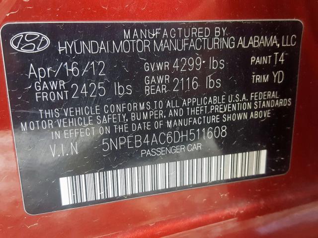 5NPEB4AC6DH511608 - 2013 HYUNDAI SONATA GLS  photo 10