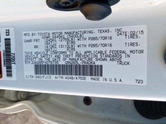 5TFJU4GN5FX076735 - 2015 TOYOTA TACOMA DOUBLE CAB PRERUNNER  photo 10