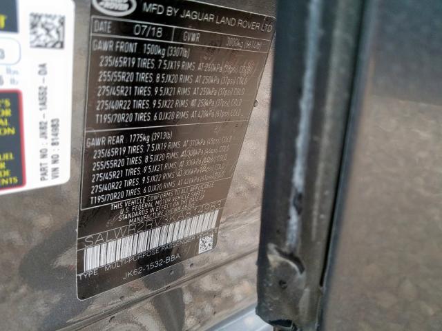 SALWR2RV3KA814983 - 2019 LAND ROVER RANGE ROVER SPORT HSE  photo 10