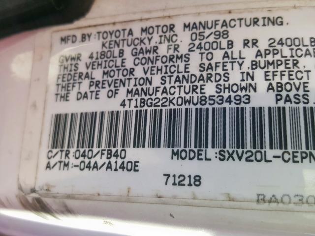 4T1BG22K0WU853493 - 1998 TOYOTA CAMRY CE  photo 10