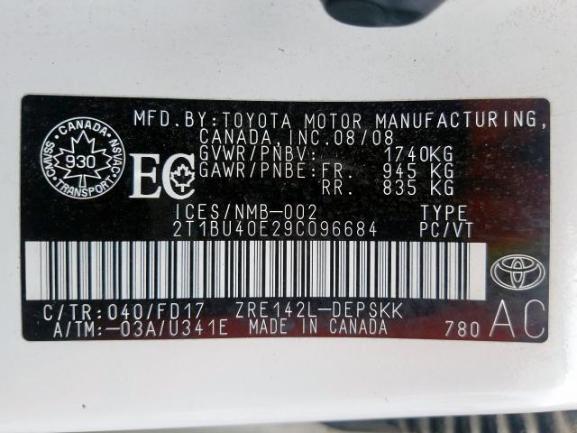 2T1BU40E29C096684 - 2009 TOYOTA COROLLA BASE  照片 10