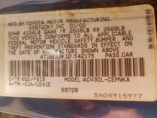 4T1BE32K12U542175 - 2002 TOYOTA CAMRY LE  photo 10