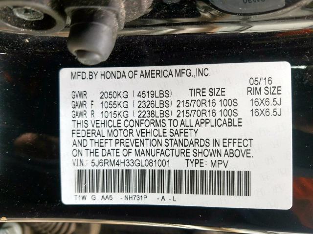 5J6RM4H33GL081001 - 2016 HONDA CR-V LX  photo 10