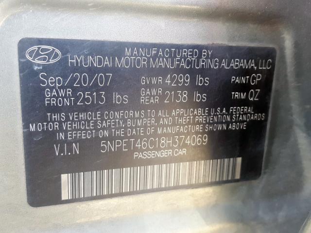 5NPET46C18H374069 - 2008 HYUNDAI SONATA GLS  photo 10