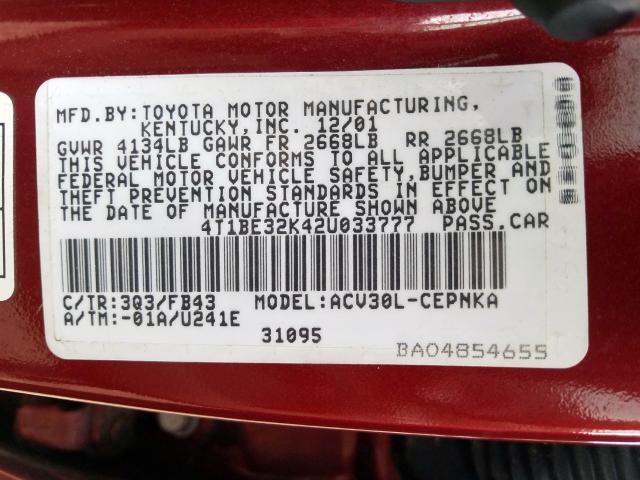 4T1BE32K42U033777 - 2002 TOYOTA CAMRY LE  photo 10