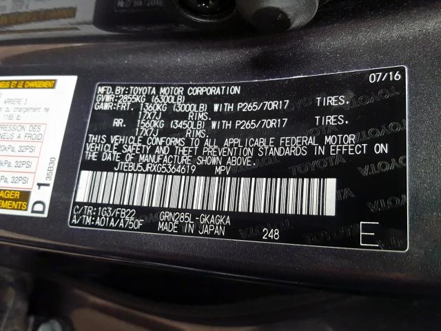 JTEBU5JRXG5364619 - 2016 TOYOTA 4RUNNER SR5/SR5 PREMIUM  照片 10