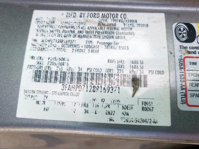 3FAHP07128R169371 - 2008 FORD FUSION SE  photo 10