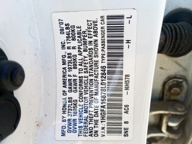 1HGFA16878L012846 - 2008 HONDA CIVIC EX  photo 10