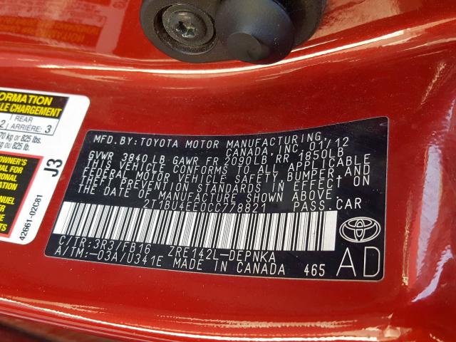 2T1BU4EE0CC778821 - 2012 TOYOTA COROLLA BASE  photo 10