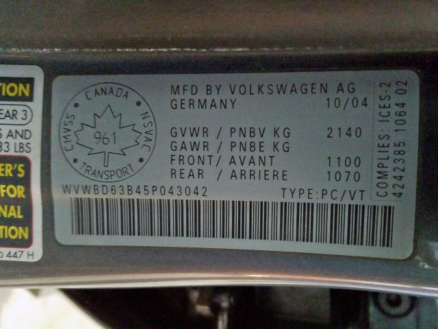 WVWBD63B45P043042 - 2005 VOLKSWAGEN PASSAT GLS 4MOTION  photo 10