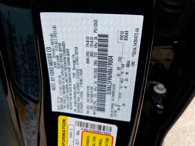 3LN6L5F96HR619004 - 2017 LINCOLN MKZ RESERVE  photo 10