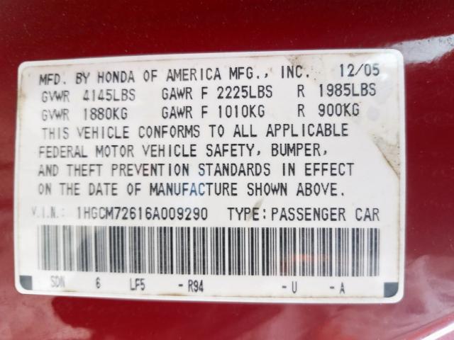 1HGCM72616A009290 - 2006 HONDA ACCORD EX  photo 10