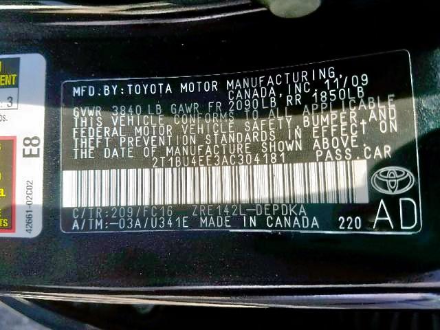 2T1BU4EE3AC304181 - 2010 TOYOTA COROLLA BASE  photo 10