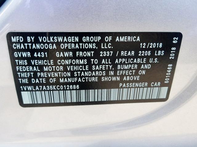 1VWLA7A35KC012686 - 2019 VOLKSWAGEN PASSAT WOLFSBURG  photo 10