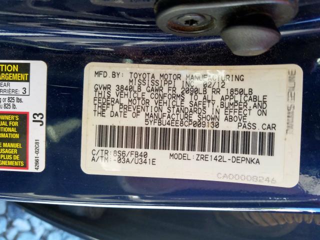 5YFBU4EE8CP009130 - 2012 TOYOTA COROLLA BASE  照片 10