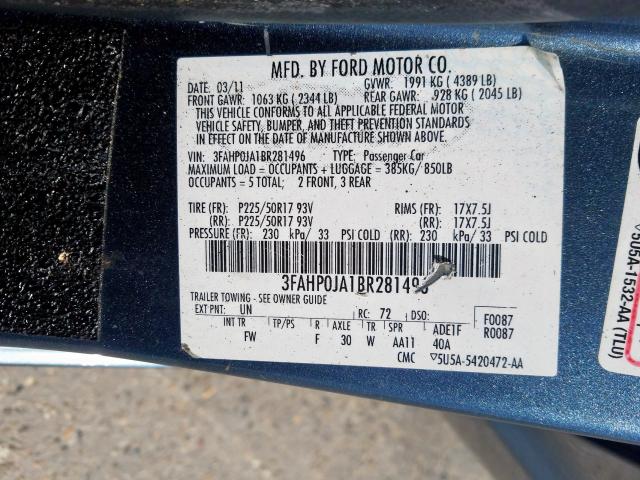 3FAHP0JA1BR281496 - 2011 FORD FUSION SEL  photo 10