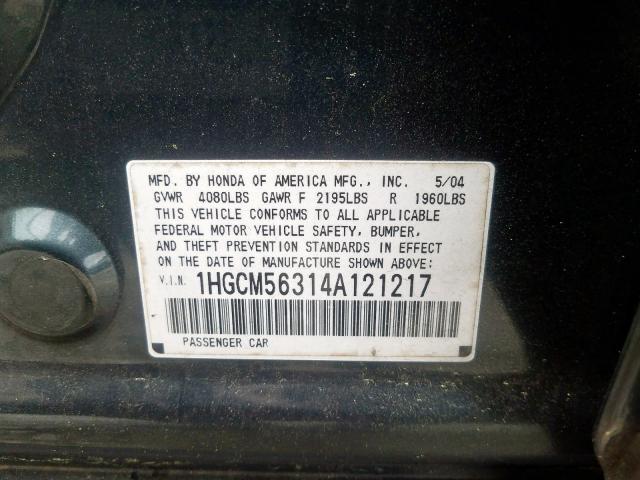 1HGCM56314A121217 - 2004 HONDA ACCORD LX  photo 10