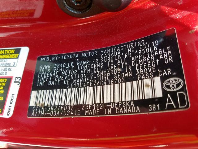 2T1BU4EE7AC418703 - 2010 TOYOTA COROLLA BASE  照片 10