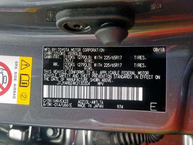 JTJYARBZ4K2130304 - 2019 LEXUS NX 300 BASE  zdjęcie 10