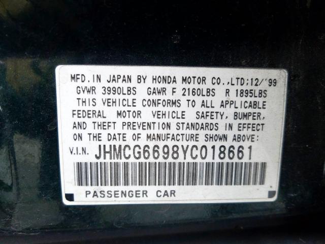 JHMCG6698YC018661 - 2000 HONDA ACCORD SE  photo 10