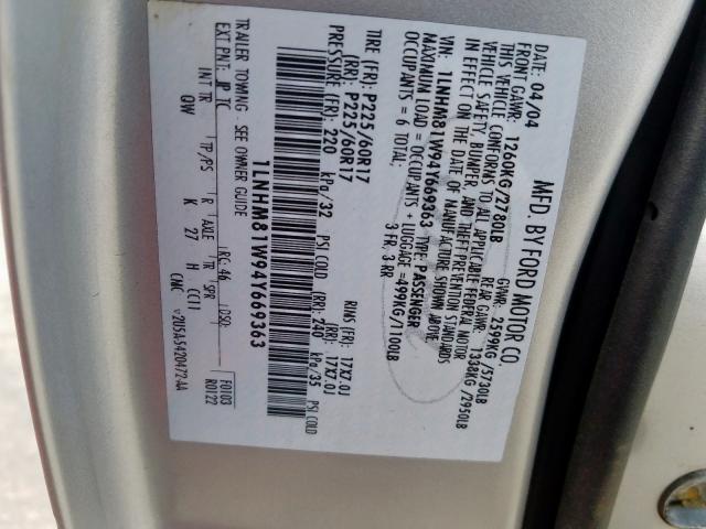 1LNHM81W94Y669363 - 2004 LINCOLN TOWN CAR EXECUTIVE  photo 10