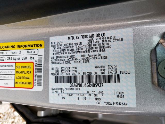 3FA6P0LU6GR405932 - 2016 FORD FUSION SE HYBRID  photo 10