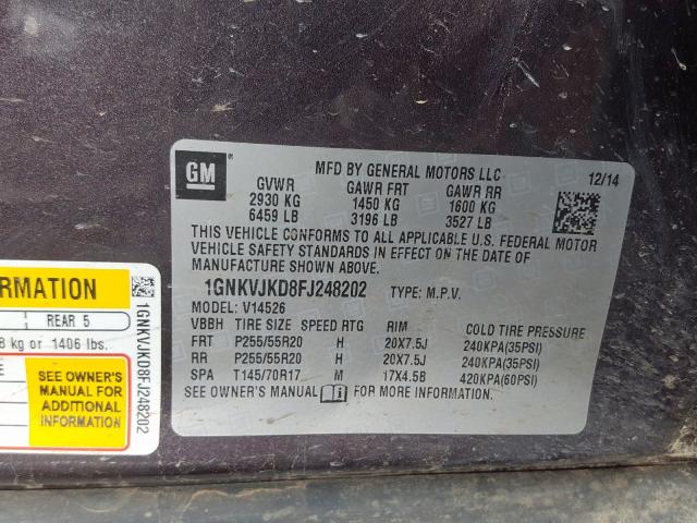 1GNKVJKD8FJ248202 - 2015 CHEVROLET TRAVERSE LTZ  photo 10