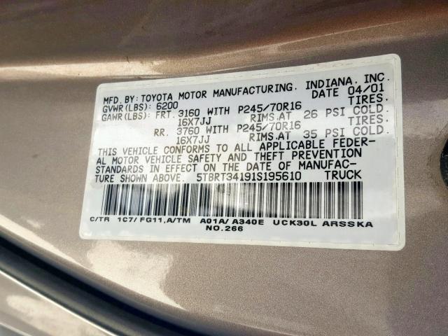 5TBRT34191S195610 - 2001 TOYOTA TUNDRA ACCESS CAB  照片 10