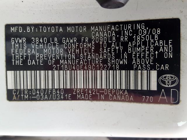 2T1BU40E49C122718 - 2009 TOYOTA COROLLA BASE  photo 10