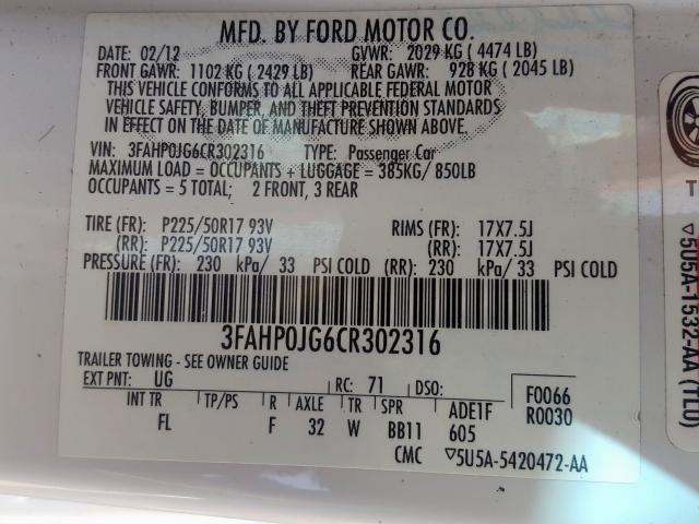 3FAHP0JG6CR302316 - 2012 FORD FUSION SEL  photo 10