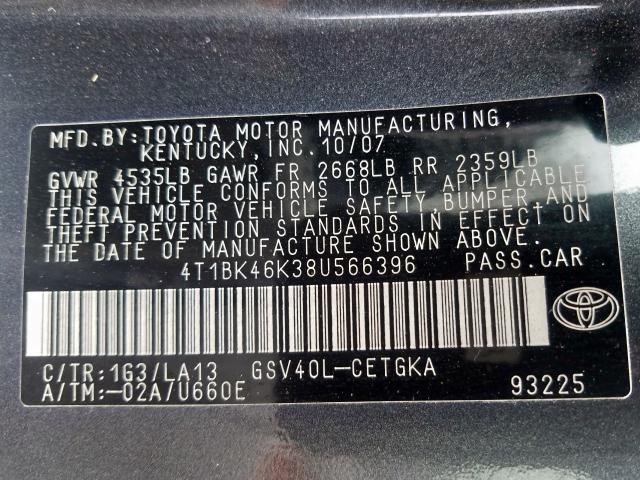 4T1BK46K38U566396 - 2008 TOYOTA CAMRY LE  photo 10