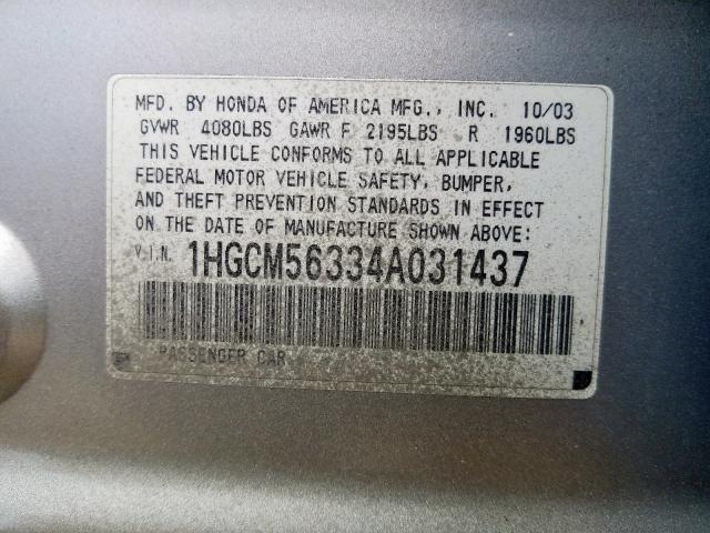 1HGCM56334A031437 - 2004 HONDA ACCORD LX  photo 10