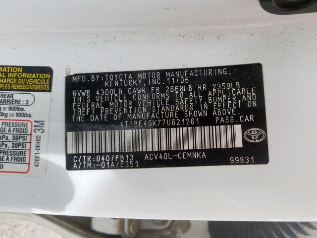 4T1BE46K77U621261 - 2007 TOYOTA CAMRY CE  photo 10