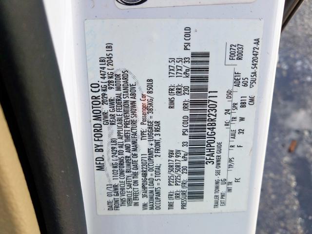 3FAHP0JG4BR230711 - 2011 FORD FUSION SEL  photo 10