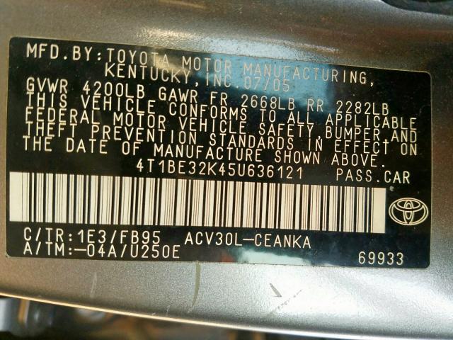 4T1BE32K45U636121 - 2005 TOYOTA CAMRY LE  photo 10