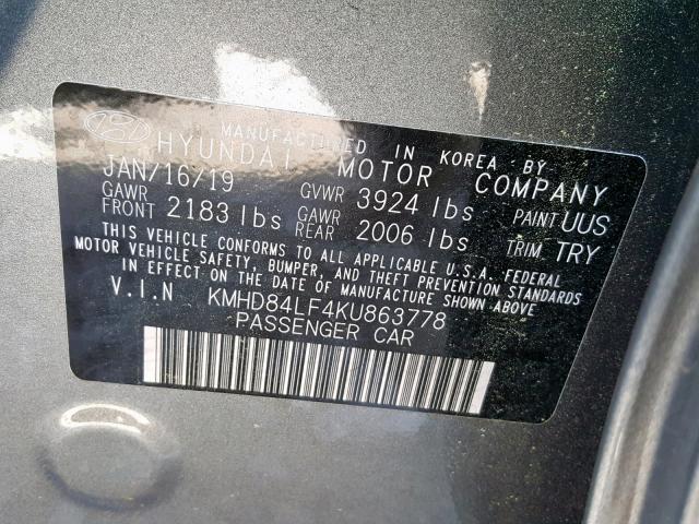 KMHD84LF4KU863778 - 2019 HYUNDAI ELANTRA SEL  photo 10