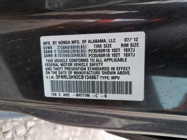 5FNRL5H92CB134867 - 2012 HONDA ODYSSEY TOURING  photo 10