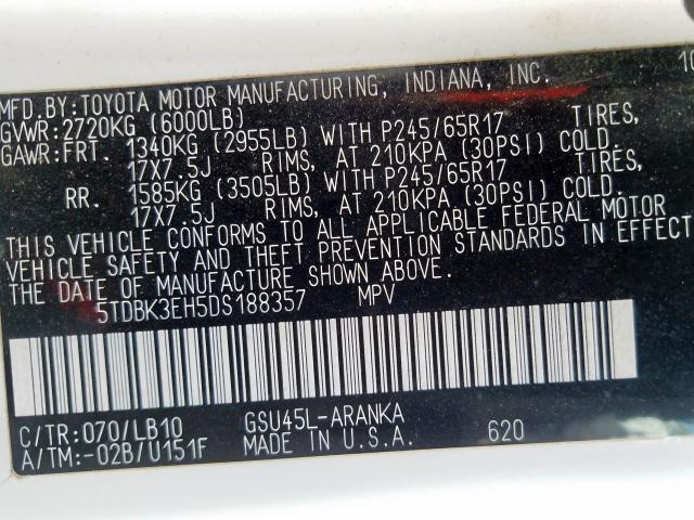 5TDBK3EH5DS188357 - 2013 TOYOTA HIGHLANDER BASE  фото 10