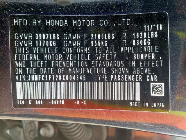 JHMFC1F72KX004345 - 2019 HONDA CIVIC EXL  照片 10