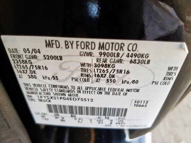 1FTSX31P04ED75512 - 2004 FORD F350 SRW SUPER DUTY  photo 10