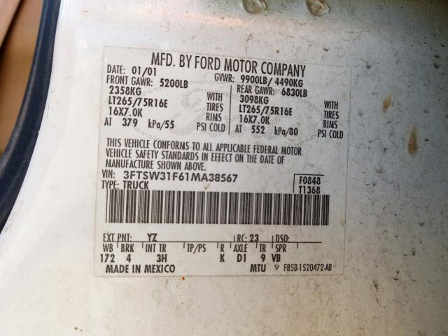 3FTSW31F61MA38567 - 2001 FORD F350 SRW SUPER DUTY  photo 10