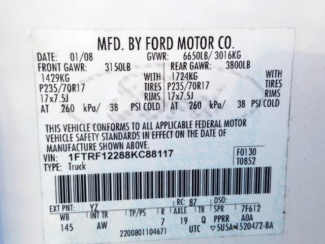 1FTRF12288KC88117 - 2008 FORD F150  photo 10