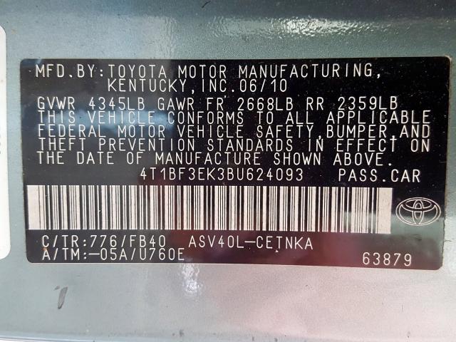 4T1BF3EK3BU624093 - 2011 TOYOTA CAMRY BASE  photo 10